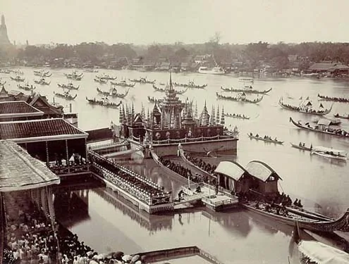 Historical sepia photograph of a royal ceremony with boats on the Chao Phraya River
