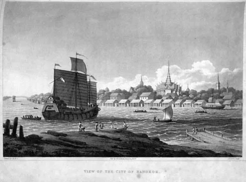 1822 engraving of Bangkok city on the Chao Phraya River with sailing ships