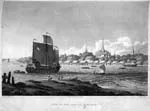 1822 engraving of Bangkok city on the Chao Phraya River with sailing ships